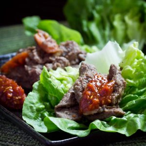 Korean Bulgogi with ssamjang sauce served with fresh lettuce